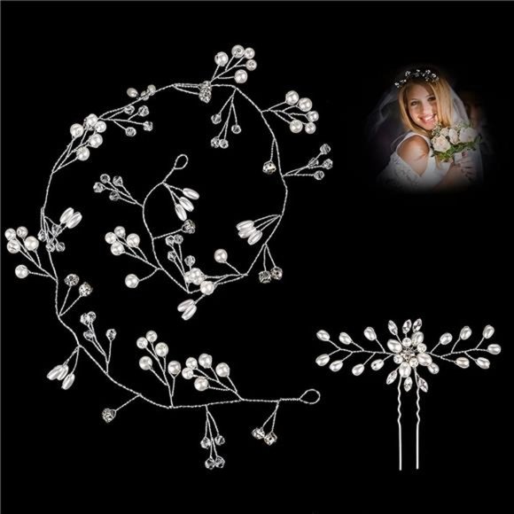 Bridal Crystal Headband with Pearls - Extra Long Hair Vine - Picture 2 of 7